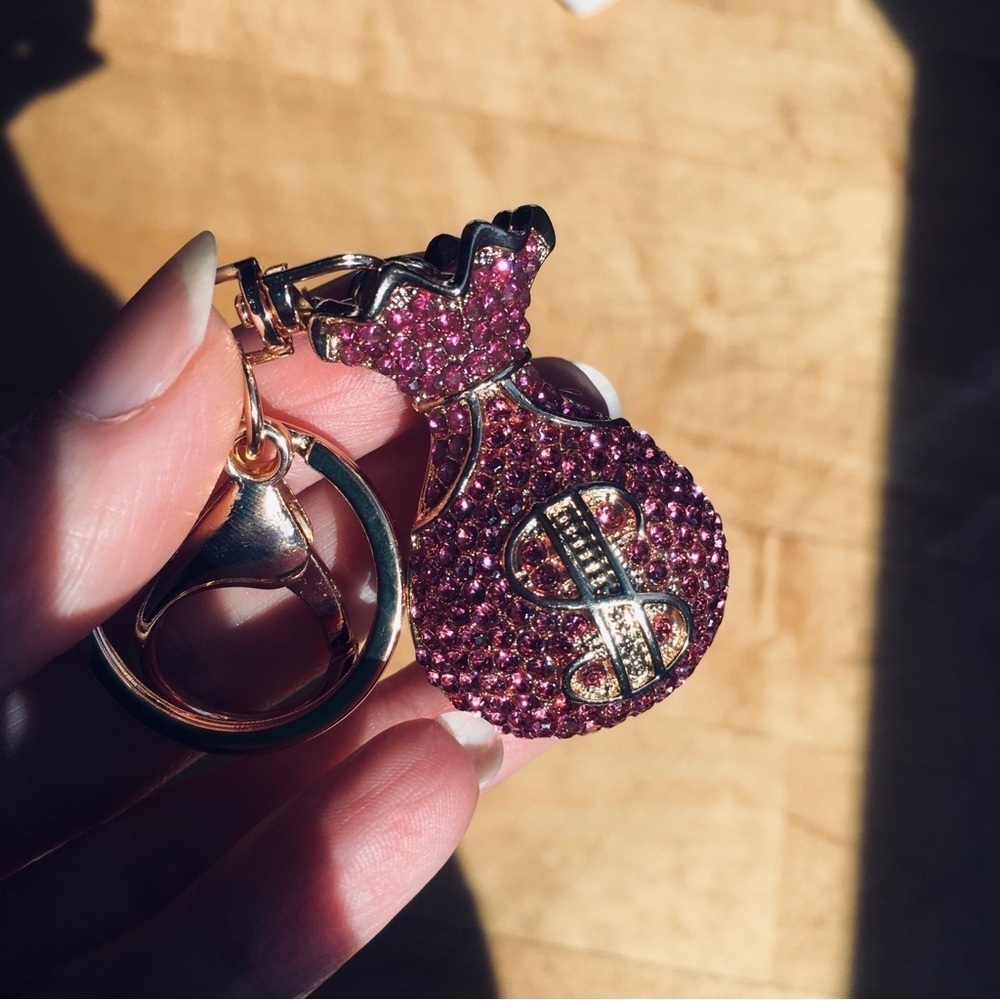 Pink Rhinestone + Gold Money Bag Bling Keychain, Purse Charm - Picture 9 of 17